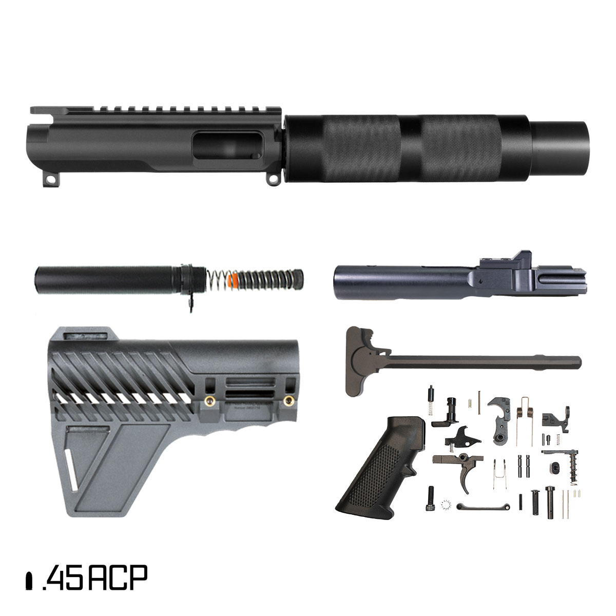 Davidson Defense Anvil AR-45 Pistol Build Kit, 5-Inch 1:16 45ACP, Gauntlet Brace, Freakin45 Suppressor