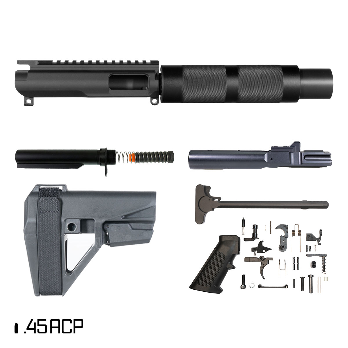 Davidson Defense Anvil AR-45 Tubular Pistol Full Build Kit, 5-Inch 1:16 45ACP, SBA5 Brace, Freakin45