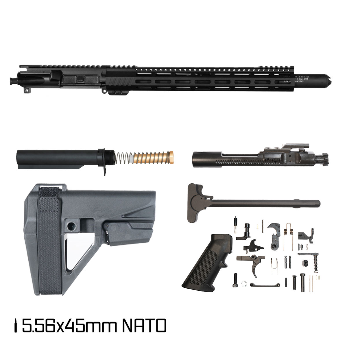 Davidson Defense Aegis Lightweight w/SBA5 Brace 14.5-inch Carbine-Gas 1:7 5.56 NATO AR-15 Freefloat M-Lok Handguard Pistol Full Build Kit, Witt Machine Canooter Valve Suppressor