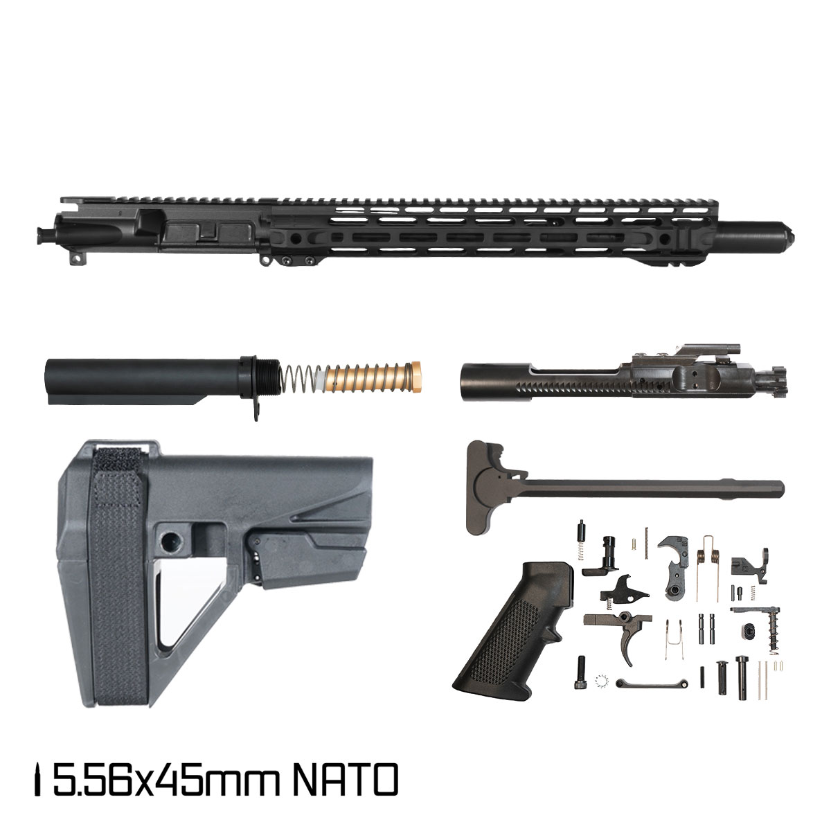 Davidson Defense Atriox w/SBA5 Brace 14.5-inch Mid-Gas 1:7 5.56 NATO AR-15 M-Lok Pistol Full Build Kit, Witt Machine Canooter Valve Suppressor
