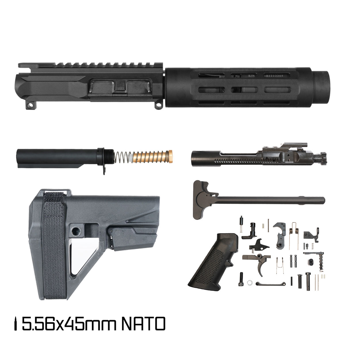 Davidson Defense PC w/SBA5 Brace 7.5-inch Pistol-Gas 1:7 5.56 NATO AR-15 M-Lok Pistol Full Build Kit, Witt Machine Big Body Tu-Tu-Three Suppressor