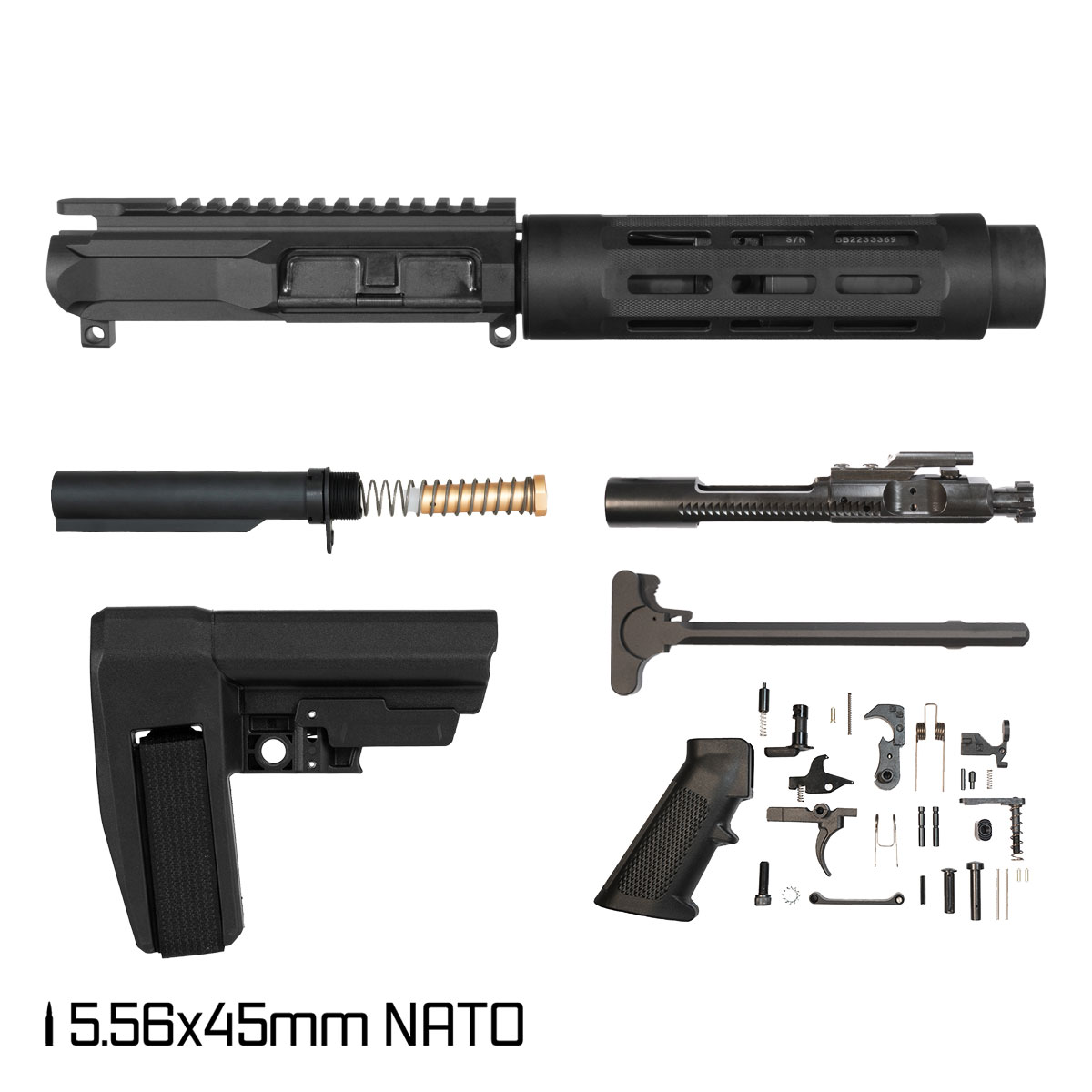 Davidson Defense PC w/SBA6 Brace 7.5-inch Pistol-Gas 1:7 5.56 NATO AR-15 M-Lok Pistol Full Build Kit, Witt Machine Big Body Tu-Tu-Three Suppressor