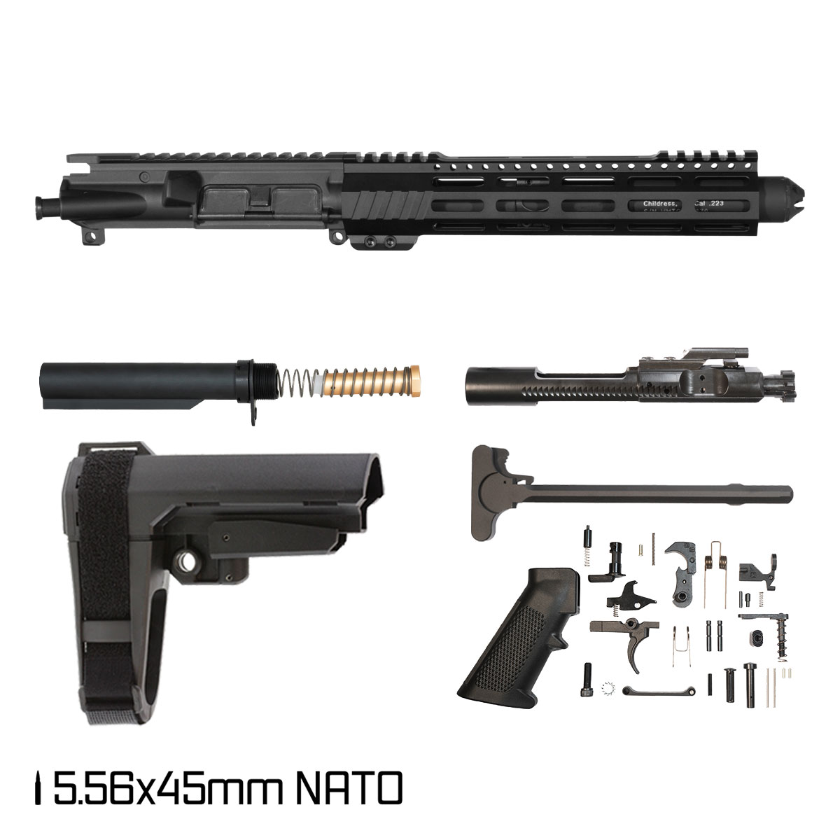 Davidson Defense Paulie w/SBA3 Brace 7.5-inch Pistol-Gas 1:7 5.56 NATO AR-15 M-Lok Pistol Full Build Kit, Witt Machine Canooter Valve Suppressor