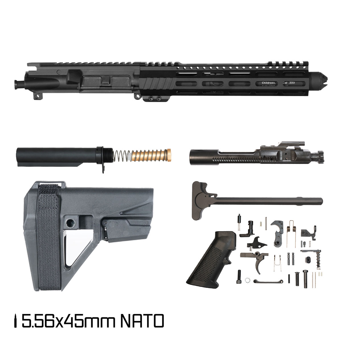 Davidson Defense Paulie w/SBA5 Brace 7.5-inch Pistol-Gas 1:7 5.56 NATO AR-15 M-Lok Pistol Full Build Kit, Witt Machine Canooter Valve Suppressor