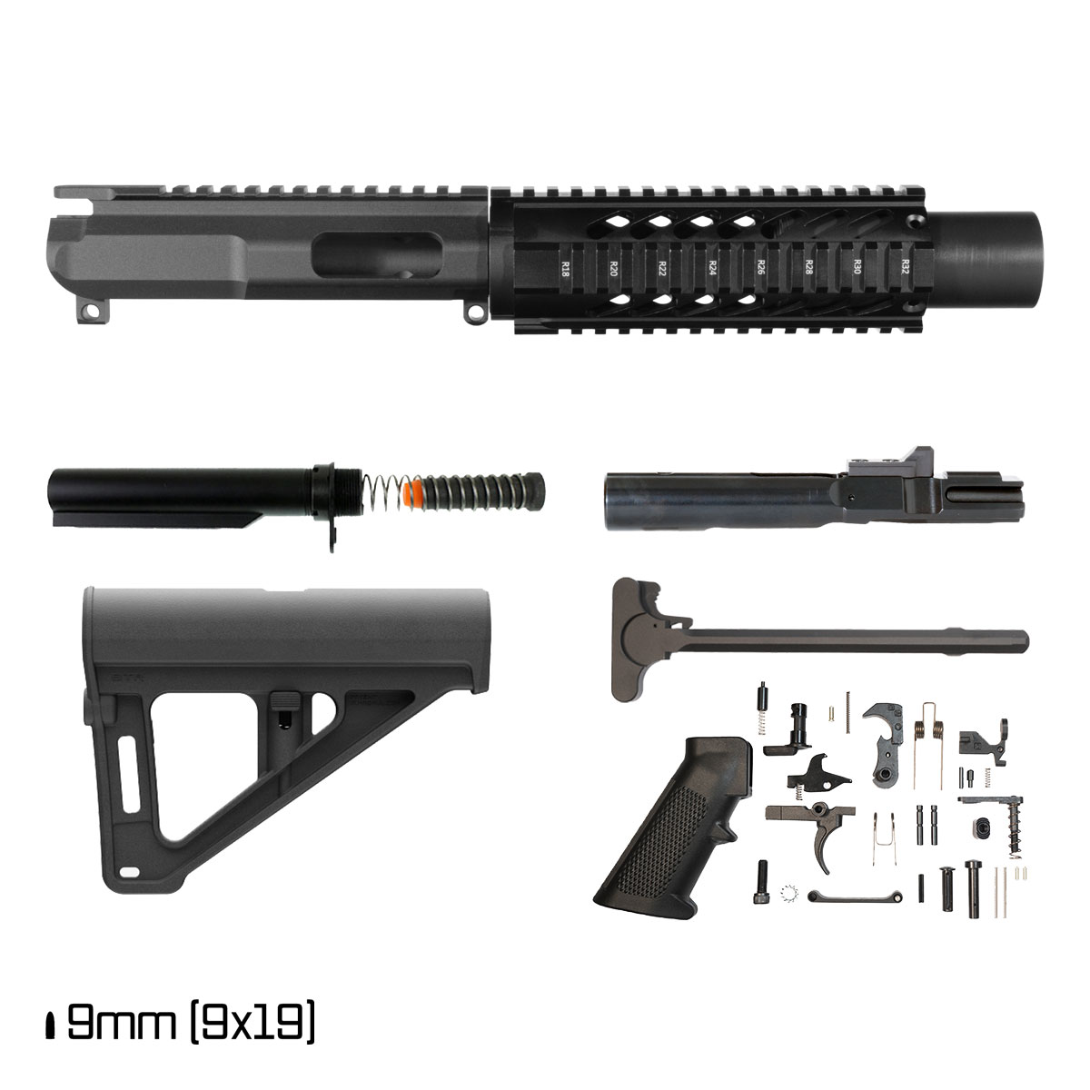 Davidson Defense AR-9 Quad-Rail Pistol Build Kit, 6-Inch 1:10 9MM, BTR Brace, Naughty 9 Suppressor