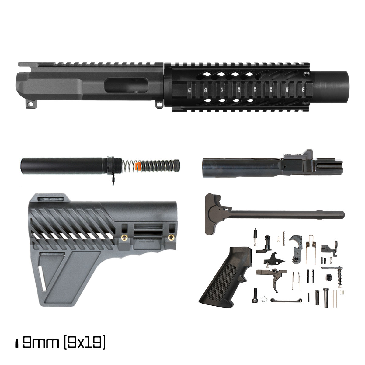 Davidson Defense AR-9 Quad-Rail Pistol Build Kit, 6-Inch 1:10 9MM, Gauntlet Brace, Naughty 9 Suppressor