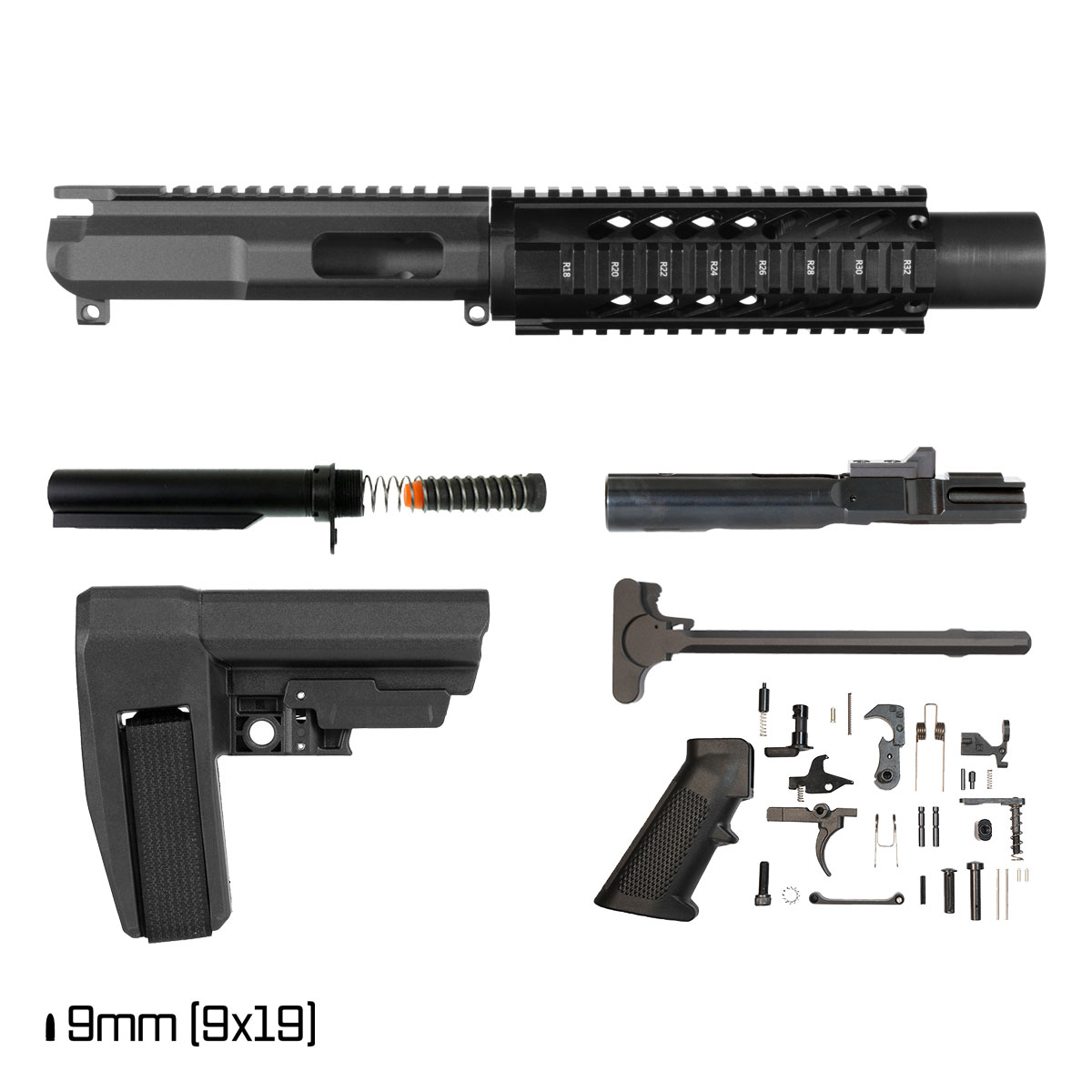 Davidson Defense 9mm AR-9 Quad-Rail Pistol Full Build Kit w/ SBA6 Brace + Witt Machine Naughty 9