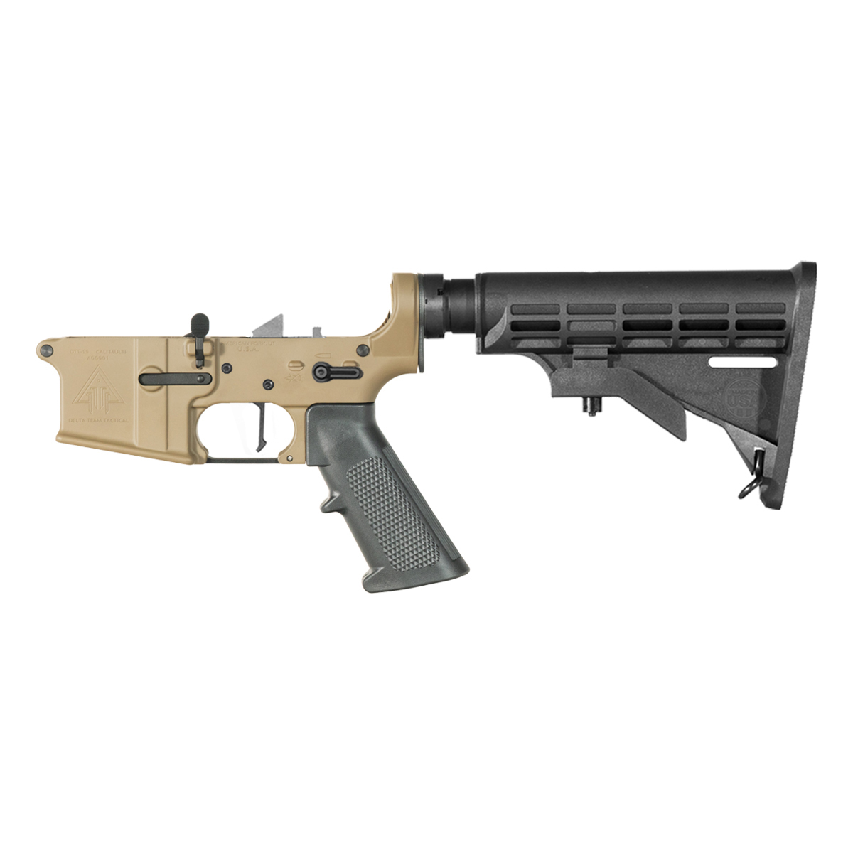 DTT FDE AR-15 Rifle Lower Build Kit, Rare Breed FRT-15L3 Flat Trigger, M4 Style Carbine Buttstock