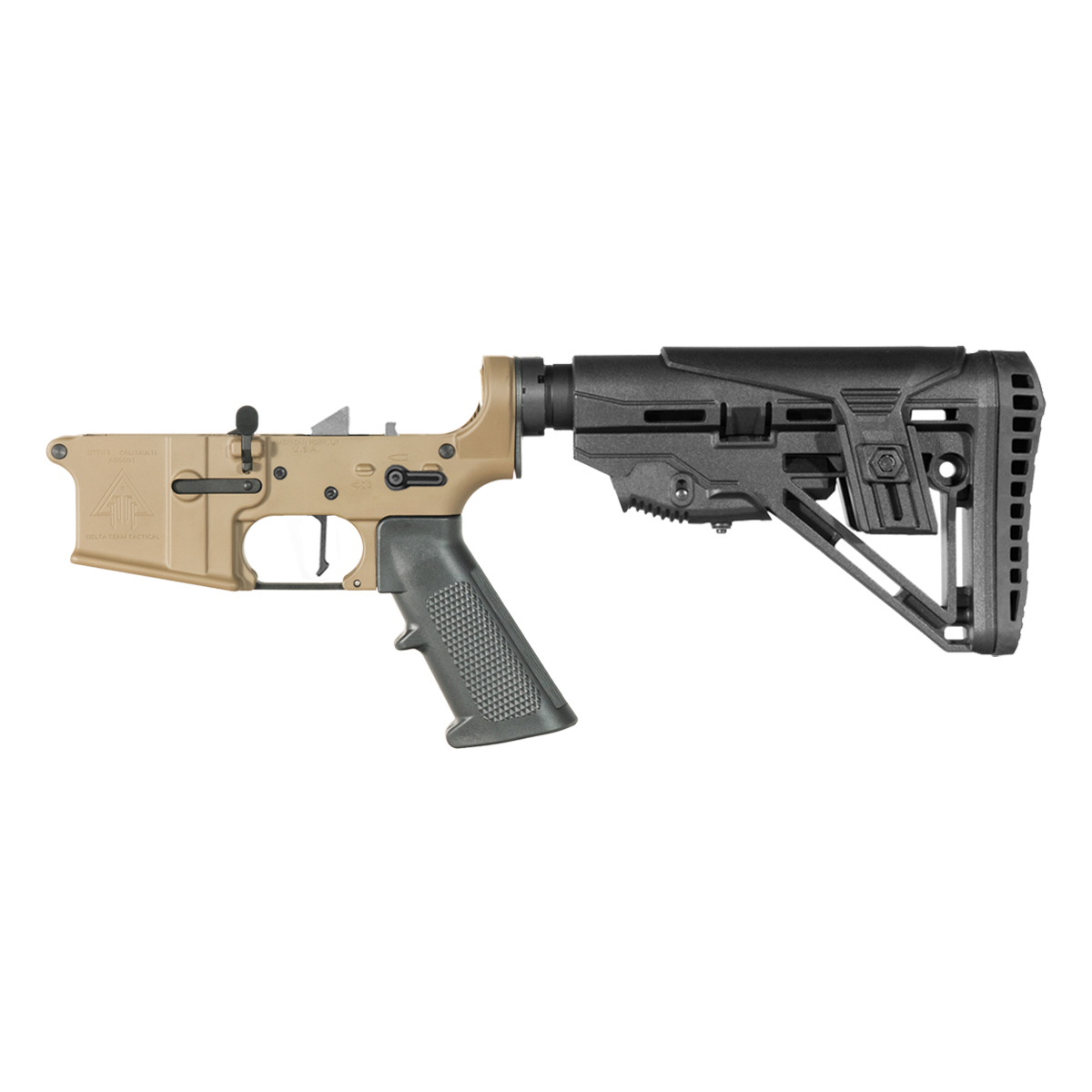 DTT FDE AR-15 Rifle Lower Build Kit, Rare Breed FRT-15L3 Flat Trigger, Mil-Spec Enhanced Stock