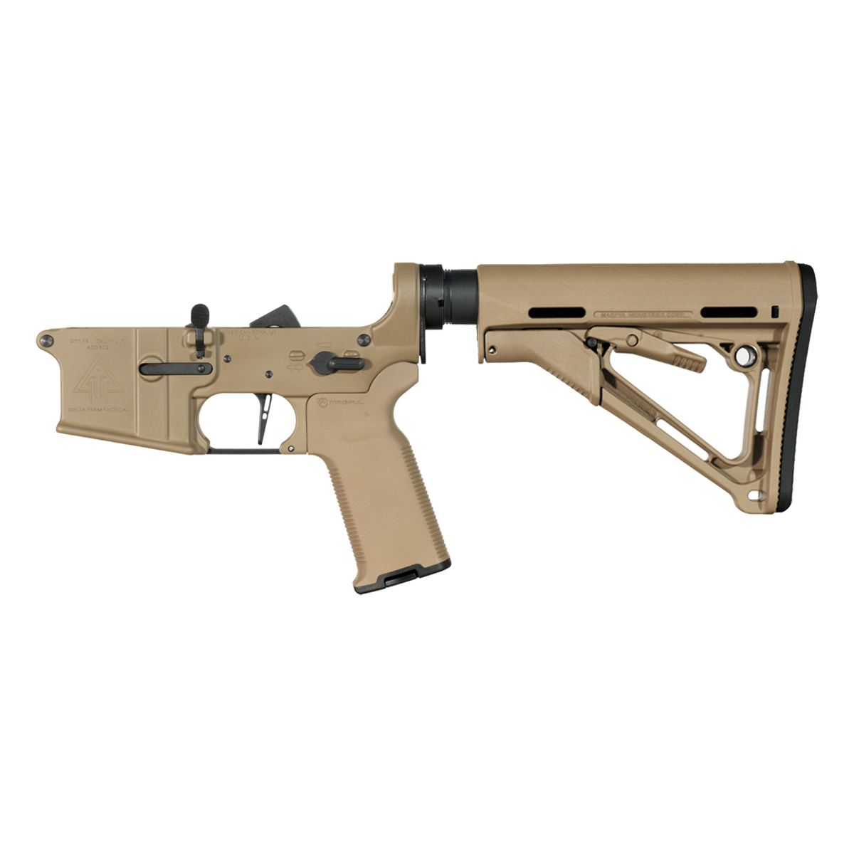 DTT FDE AR-15 Rifle Lower Build Kit, Magpul FDE MOE K2+ Pistol Grip, Skeletonized Straight Trigger Shoe, Magpul FDE CTR Stock
