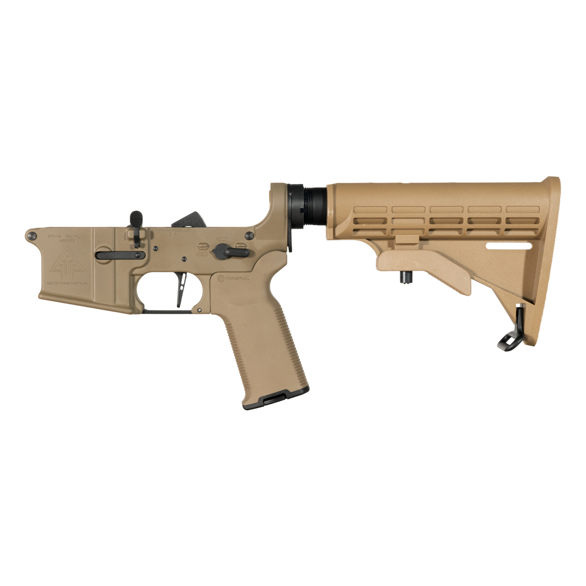 DTT FDE AR-15 Rifle Lower Build Kit, Magpul FDE MOE K2+ Pistol Grip, Skeletonized Straight Trigger Shoe, M4 Style FDE Adjustable Carbine Stock