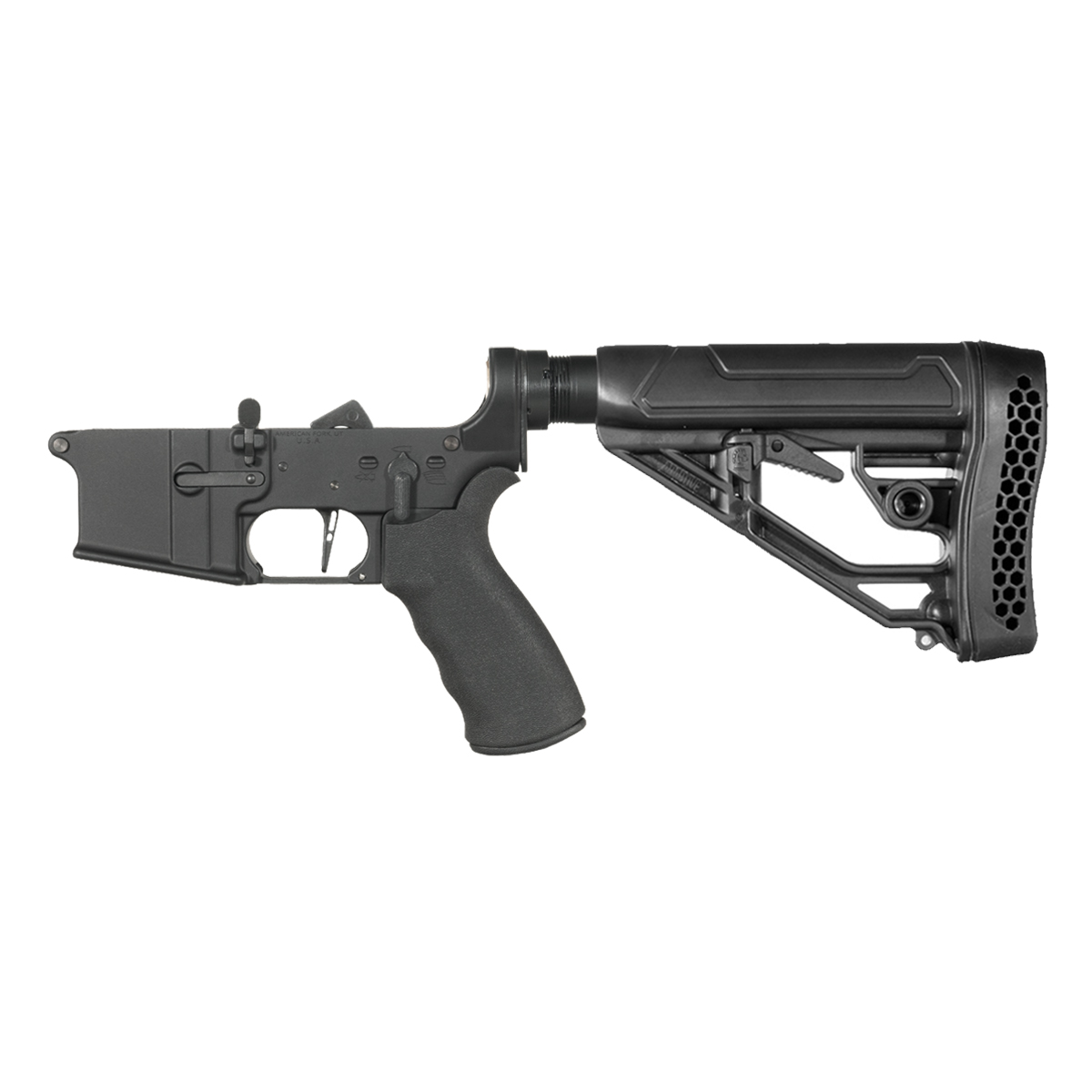 NO-LOGO AR-15 Rifle Lower Build Kit, Skeletonized Straight Trigger Shoe, Rubberized Beavertail Grip, Adaptive Tactical EX Performance Adjustable Stock