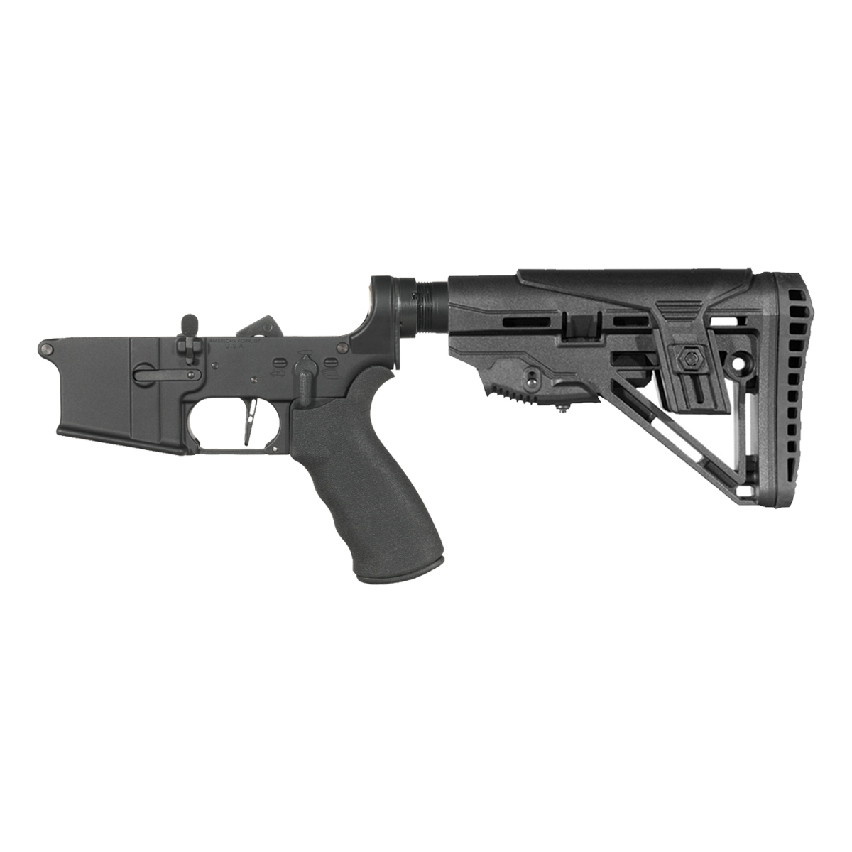 NO-LOGO AR-15 Rifle Lower Build Kit, Skeletonized Straight Trigger Shoe, Rubberized Beavertail Grip, Mil-Spec Enhanced Stock