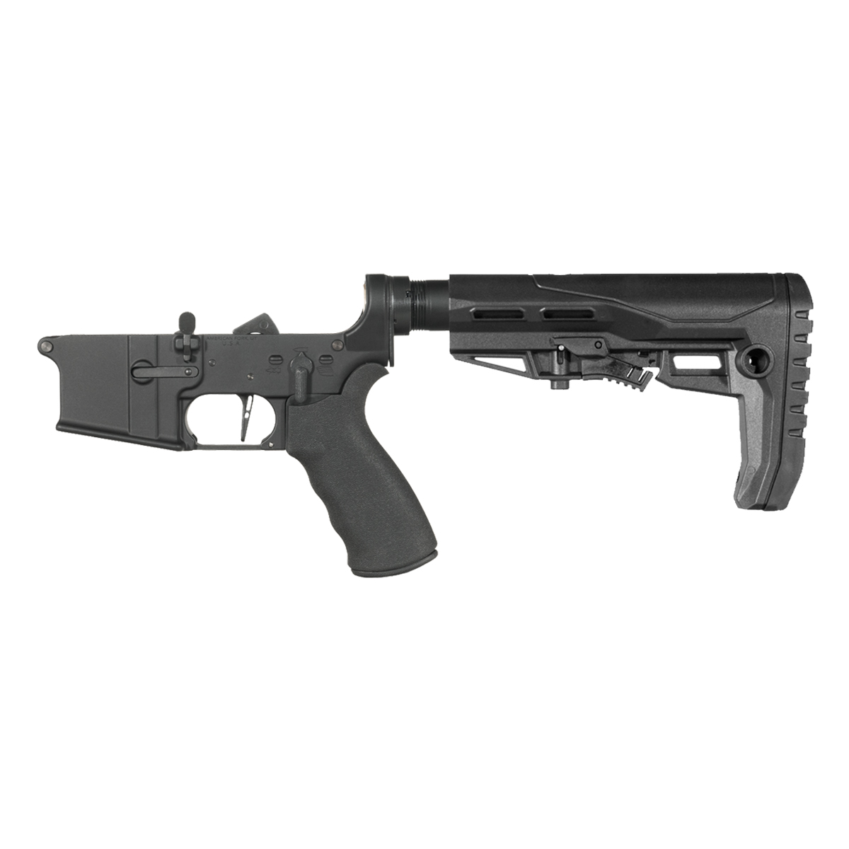 NO-LOGO AR-15 Rifle Lower Build Kit, Skeletonized Straight Trigger Shoe, Rubberized Beavertail Grip, Mil-Spec Enhanced Stock w/ Rubberized Recoil Pad