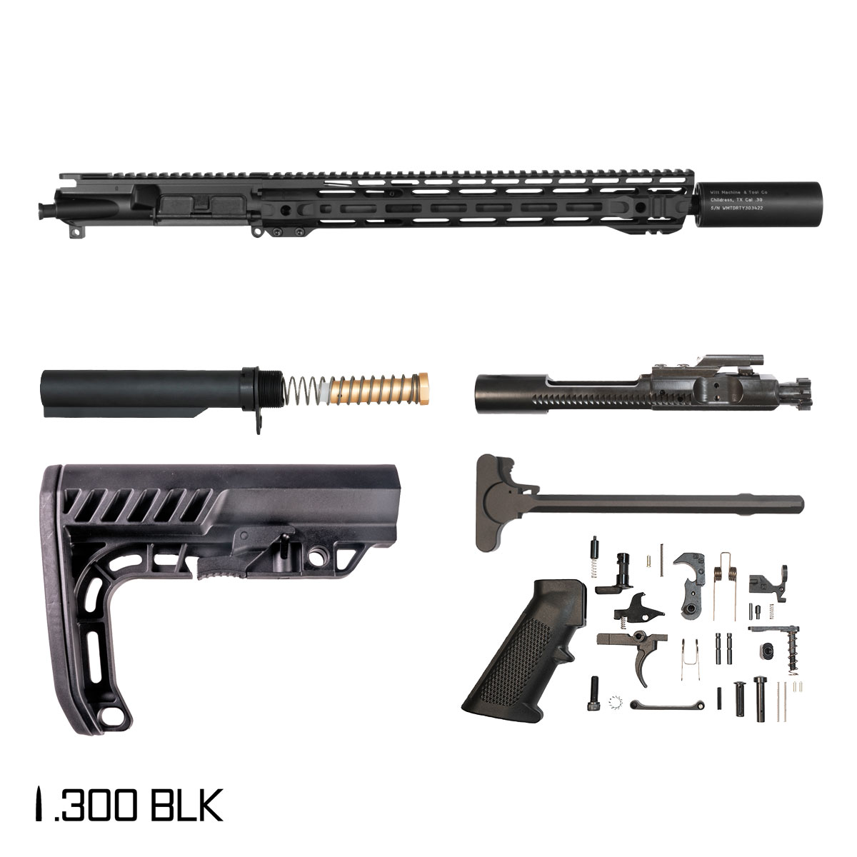Davidson Defense Sarissa 16-inch Pistol-Gas 1:8 .300 Blackout AR-15 Freefloat M-Lok Handguard Rifle Full Build Kit, Witt Machine .30 cal Suppressor