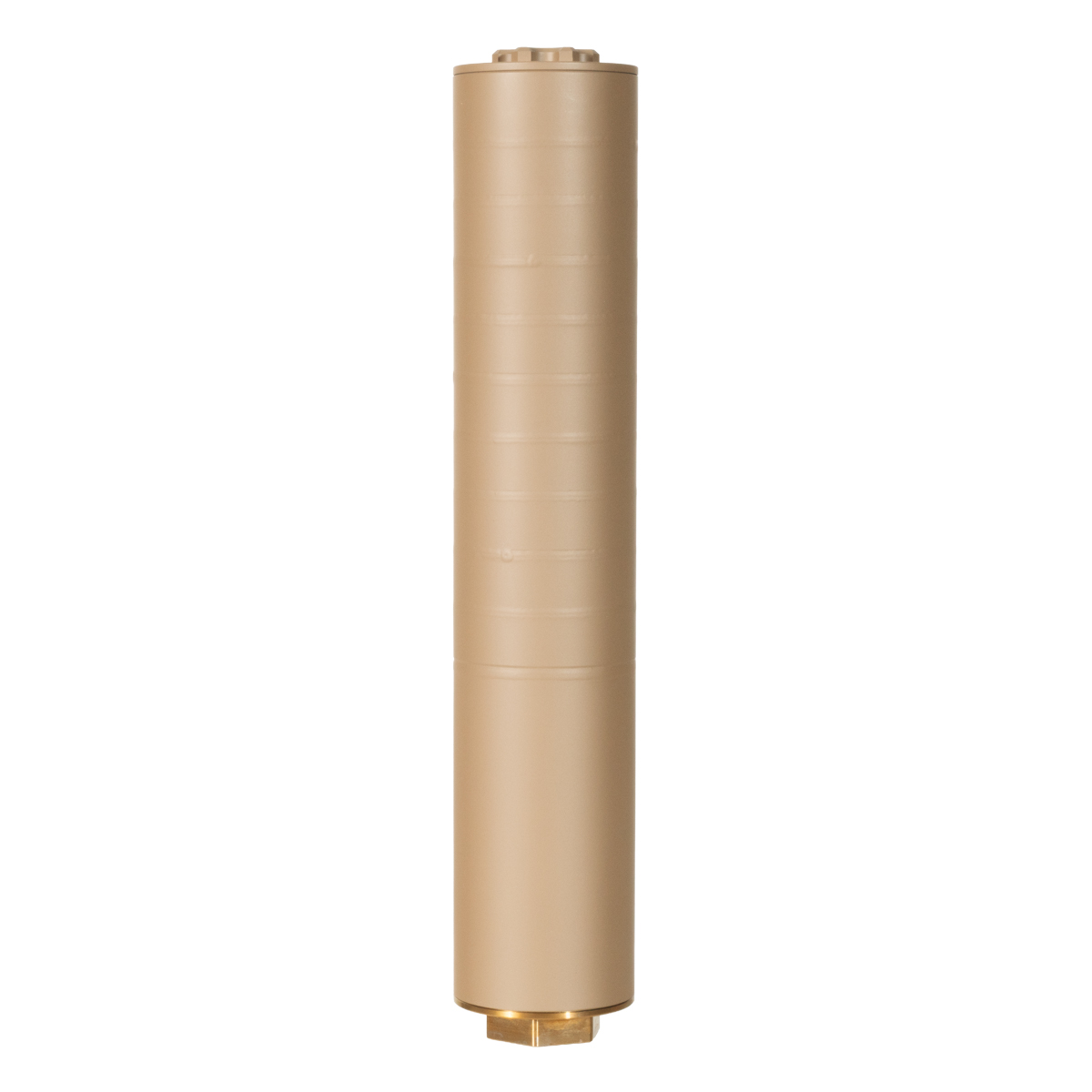  North Reach MFG Whisper Pickle 338 Length 8-inch Suppressor, Magpul FDE Cerakote, Stainless Steel with 5/8x24 Threads and 1-inch 3/8x24 Bravo Threads on Both Ends with Step Radial and 45 Degree Baffles