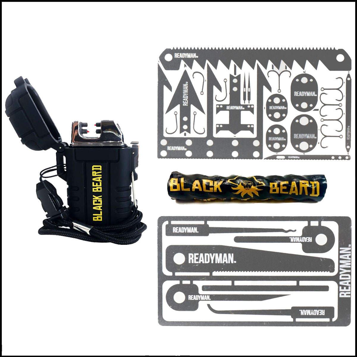 Tactical Gift Box: Ready Man Hostage Escape Card  + Ready Man Wilderness Survival Card  + Black Beard Arc Lighter + Black Beard Fire Starter