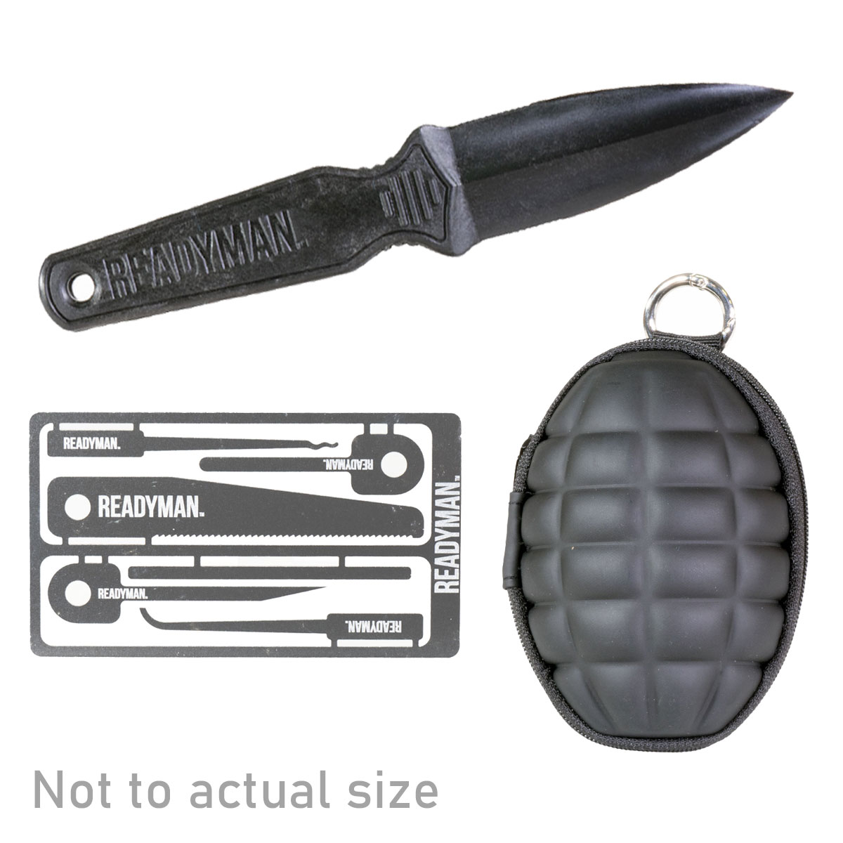 Tactical Gift Box: Ready Man CIA Letter Opener  + Ready Man Hostage Escape Card  +  Grenade-Style Keychain Case
