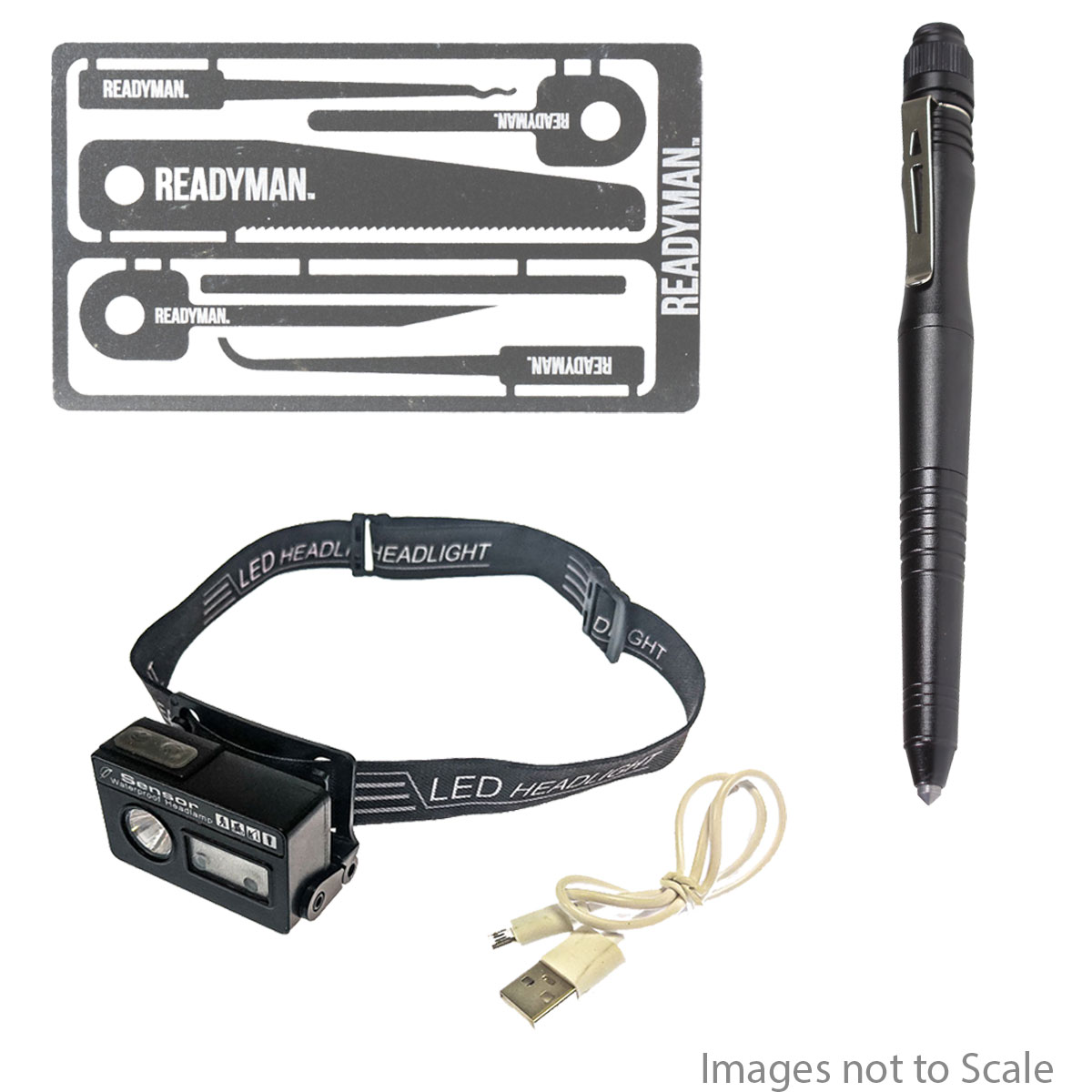 Tactical Gift Box: Ready Man Hostage Escape Card  + Davidson Defense Tactical Pen w/ Flashlight  + Sona Enterprises Rechargeable Head Lamp Hat Clip