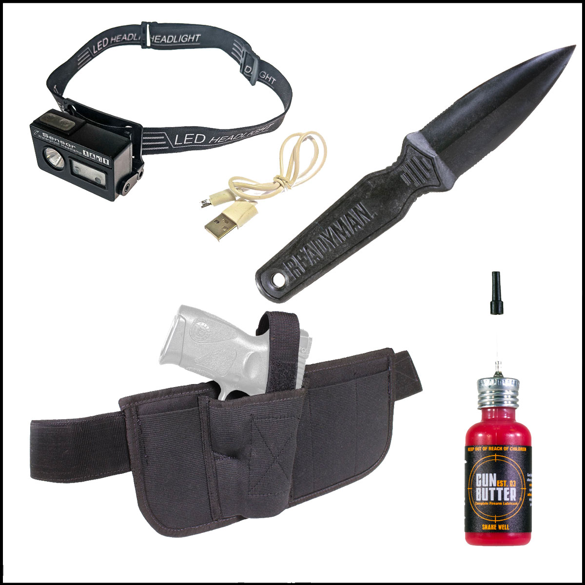 Tactical Gift Box: Gun Butter Complete Firearm Lubricant  + Ready Man CIA Letter Opener  + Brave Response Original Concealed Carry Holster  + Sona Enterprises Rechargeable Head Lamp Hat Clip   
