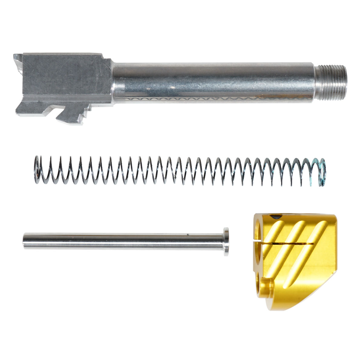 Upgrade Your Glock Kit: Davidson Defense Glock Compensator 6061 Aluminum, Anodized Type 2 Gold Single port comp 1/2x28 with clamping set screws  + ELD Performance Glock 19 Compatible 9mm Stainless Steel Threaded Barrel