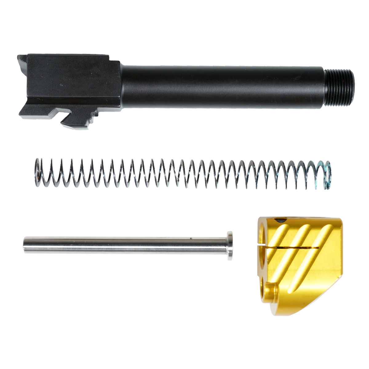 Upgrade Your Glock Kit: Mercury Precision Glock Compensator 6061 Aluminum, Anodized Type 2 Gold Single port comp 1/2x28 with clamping set screws  + ELD Performance Match Grade 9mm Glock 19 Compatible Nitride Melonite 1-16T Threaded Barrel